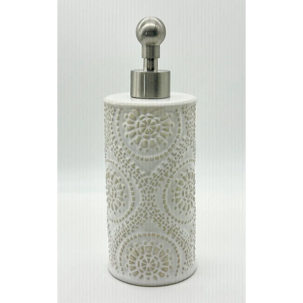 Caro White Embossed Texture 3D Ceramic Bathroom Soap Lotion Dispenser Bottle - Picture 2 of 5